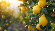 Ripe Lemon Plants Growing In Lemon Farm Field On Blurred Lemon Trees Plantation Background, Closeup, Design Copy Space For Text. NON GMO And Organic Products Concept.