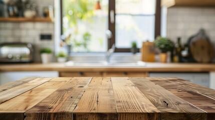 Wall Mural - Wood table top on blurry kitchen counter, Kitchen utensils blurred in background, copy and text space, 16:9