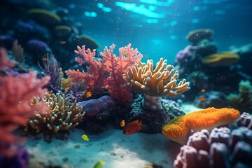 Wall Mural - Colorful Coral Reef teeming with Fish in the Deep Blue Sea