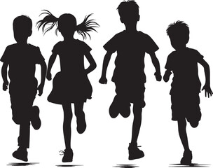 silhouettes of running children vector illustration, group of active kids playing clipart graphic, front view