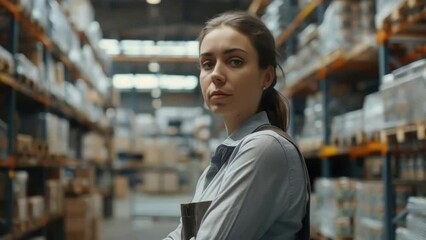 Canvas Print - Woman stands in warehouse with her arms crossed