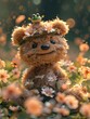 Charming image of a plush teddy bear with a frog atop its head, both adorned with flowers, amidst a glowing field of daisies.