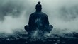 © ZDC - A lone figure meditating in a misty, ethereal landscape for spiritual solitude