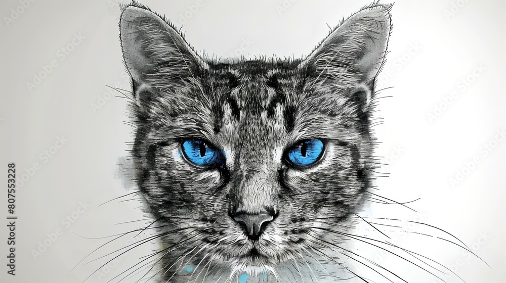 Illustration of a cat with bright blue eyes in a doodle style ...
