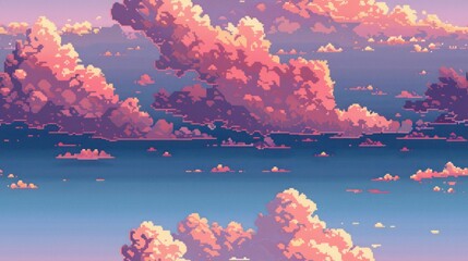  pixelated sky filled with pixelated clouds, creating a nostalgic and charming retro aesthetic., 