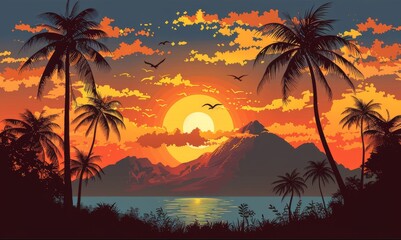 Wall Mural - Tropical sunset with silhouetted palm trees and flying birds over a serene ocean, ideal for travel and nature themes