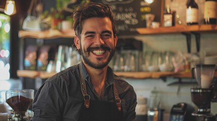 Smiling barista in a cafe setting