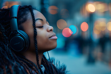 Poster - person listening to music on headphones in airplane