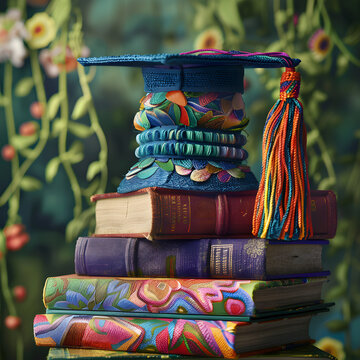 A stack of books with a colorful cap on top. The cap has a tassel and is decorated with beads. The books are arranged in a way that they are stacked on top of each other, with the cap on top