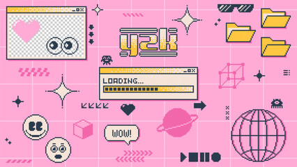 Fototapete - Y2k banner, vector computer pc desktop with interface windows, folders, icons and loading bar. Pink background in retro old 2000s style aesthetic emoji, speech bubbles, stars and planets on screen