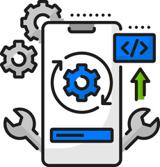 Fototapete - Web software optimization, mobile app coding, cellphone application develop and upgrade outline icon. Mobile app development and support linear vector icon with mobile phone cog wheel and wrenches