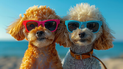 Two poodle dogs wearing sunglasses, one red and the other blue, posing on a beach with a sea background. Created with AI