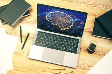 Wall Mural - Creative artificial Intelligence concept with human brain hologram on modern laptop screen. 3D Rendering