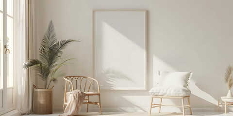 Aufkleber - serene retreat in your living space with a white frame mockup against a minimalist backdrop, exuding tranquility