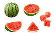 3d realistic watermelon fruit, whole and slice, piece and cube. Isolated vector large, green, refreshing striped fruit orb, dice and cuts reveal its succulent, juicy, red flesh dotted with black seeds