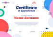 © Vector Tradition - Certificate template with abstract geometric Memphis shapes, vector education award. Appreciation certificate or diploma template with Memphis pattern elements and minimal line shapes background