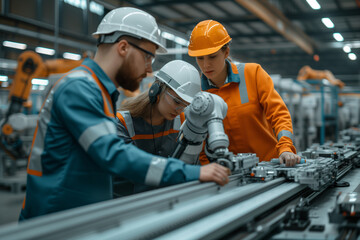 Team of engineers in hard hats and reflective vests collaboratively program and adjust a robotic arm on a manufacturing production line.