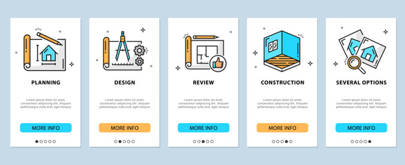 Architect development, renovation and interior icons, mobile app onboarding screens vector templates. Construction and architecture web application UI banners with outline building plan, house project