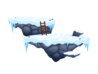 Arcade game stone platforms with ice and snow, winter level game UI asset. Vector 2d arcade videogame frozen world map element, isolated cartoon snowy rock platforms with wood ladder, snow and icicles