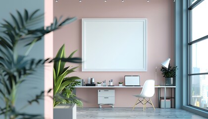 Poster - serene ambiance with a white frame mockup against a modern office background