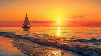Wall Mural - beach sunset, with the sun sinking below the horizon and casting a warm, golden glow across the calm ocean waters