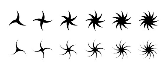 Poster - Set of different twist and swirl elements. Black twirl and rotating lines collection. Circular radial revolving whirlwind symbols bundle for graphic design. Tornado and whirlpool effect pack. Vector