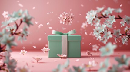 A spring-themed postcard with paper cherry blossoms floating around a pastel green gift box against a soft pink studio backdrop