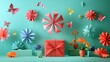 A vibrant postcard showcasing colorful paper pinwheels spinning near a bright red gift box on a pastel green background