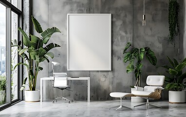 Fototapete - aesthetic design with a white frame mockup in a stylish, modern office environment