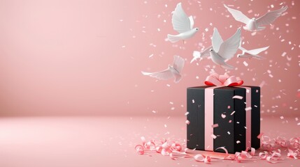 Wall Mural - An elegant postcard with white paper doves flying around a sleek black gift box against a pastel pink studio background