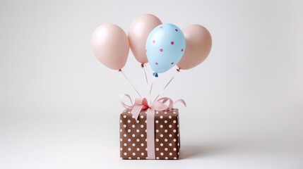 Wall Mural - Baby blue paper balloons with a touch of pink lifting a chocolate brown polka-dotted gift box, sweet and playful against the white background