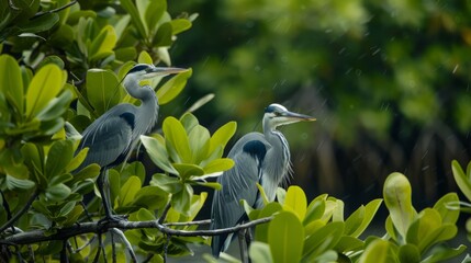 Birds in Mangroves, Image of birds such as herons or kingfishers perched in the mangrove branches, illustrating the biodiversity.