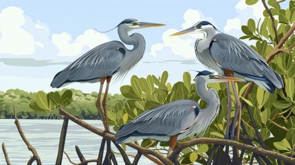 Birds in Mangroves, Image of birds such as herons or kingfishers perched in the mangrove branches, illustrating the biodiversity.