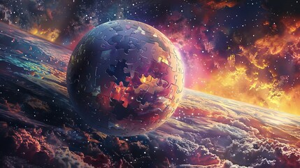 Wall Mural - A ball consisting of large puzzles, different puzzles are attracted to it, light colors, soars in space