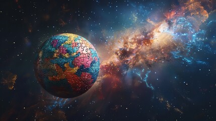 Wall Mural - A ball consisting of large puzzles, different puzzles are attracted to it, light colors, soars in space