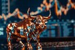 © Vesovic  - A stream of light catches the polished surface of a bull statue in the foreground against a blur of stock market charts