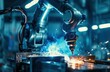 © Ashalina - Futuristic robot arm welding in factory with sparks and light flare.