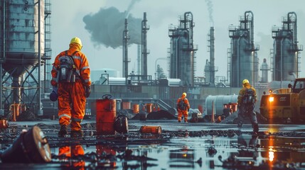 Collection of Hazardous Waste, A scene showing workers in protective gear collecting hazardous waste from an industrial site, emphasizing safety measures and the dangerous nature of the waste.