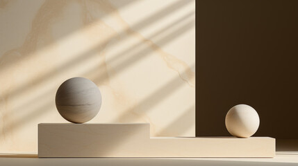 Two white balls are placed on wooden pedestals, one on the left