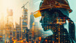Double exposure, the female engineer is juxtaposed against the backdrop of a vibrant cityscape and bustling construction scene.