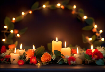 Wall Mural - A beautiful arrangement with candles, flowers, and garlands on a dark background