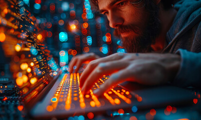 Coding programmer working on laptop with circuit board and javascript on virtual screen - Digital technology, software development concept