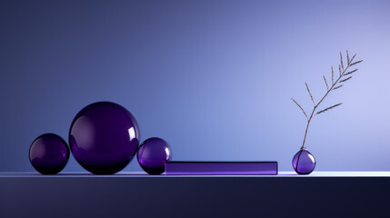 A blue background with a purple vase and three purple glass balls on a shelf