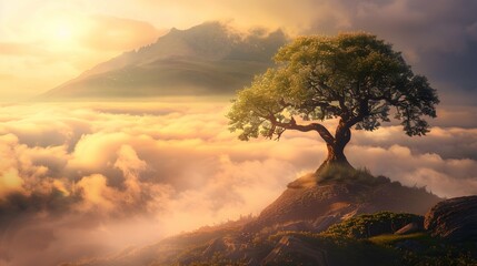 Wall Mural - The tree of life surreal scene with a majestic ancient wood above the foggy valley at sunset