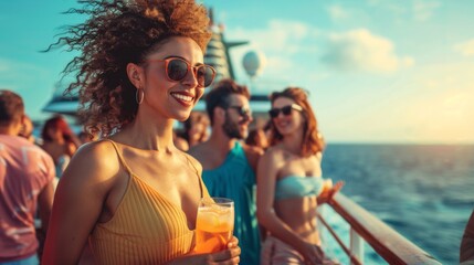 Sticker - Diverse Clientele, Image of diverse groups of people enjoying different activities on the deck of a cruise ship, highlighting the wide appeal.