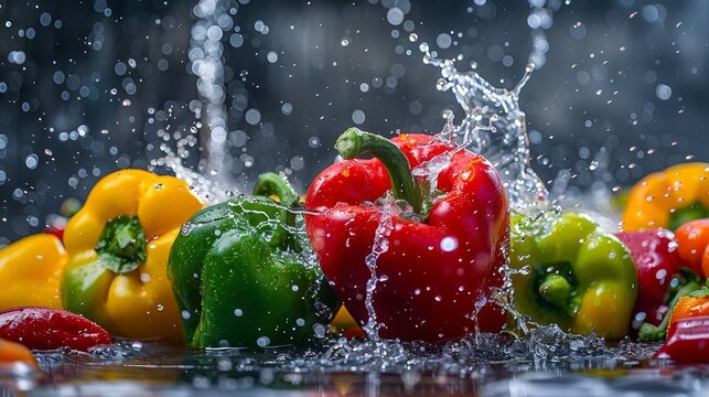 Red, yellow and green bell peppers with water splash on black background.