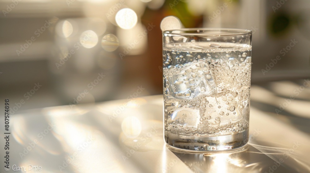 Effervescent Glow - A glass of sparkling water with light passing through, creating a radiant glow on a minimalist table.