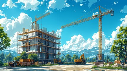 Wall Mural - Many construction engineers are helping to build the structure and have many machines.
