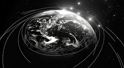 ary and low earth elliptical orbits for space mission around the earth. black background white ink o