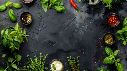 Set of dressings for salad: sauce vinaigrette, mustard, mayonnaise or ranch, balsamic or soy, basil with yogurt. Dark stone table. On background of greenery, vegetables for salad. Copy space